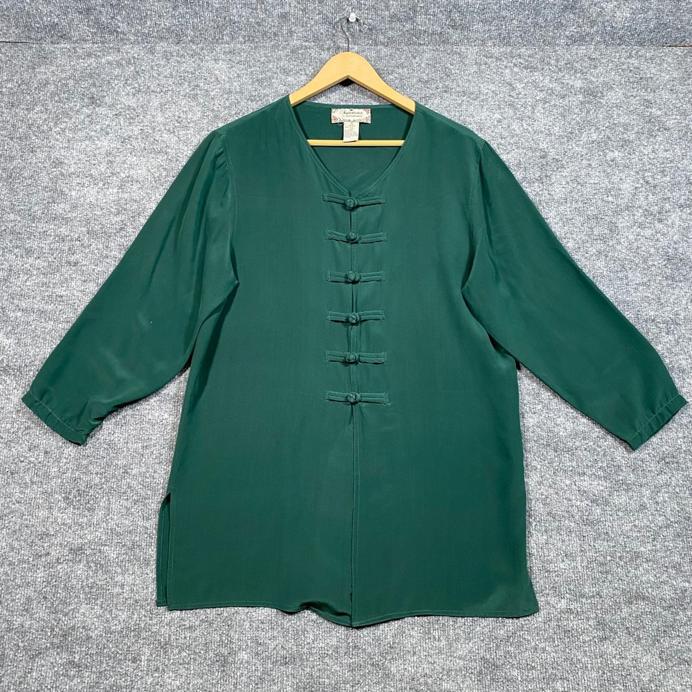 Sophisticates by Jonathan Martin Silk Frog Button Blouse Green Medium 3/4 Sleeve